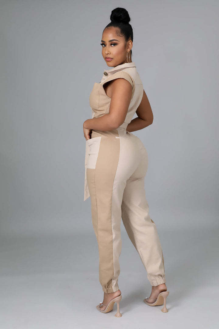 Women's Color Matching Fashion Turndown Collar Button Belt Jumpsuit 13