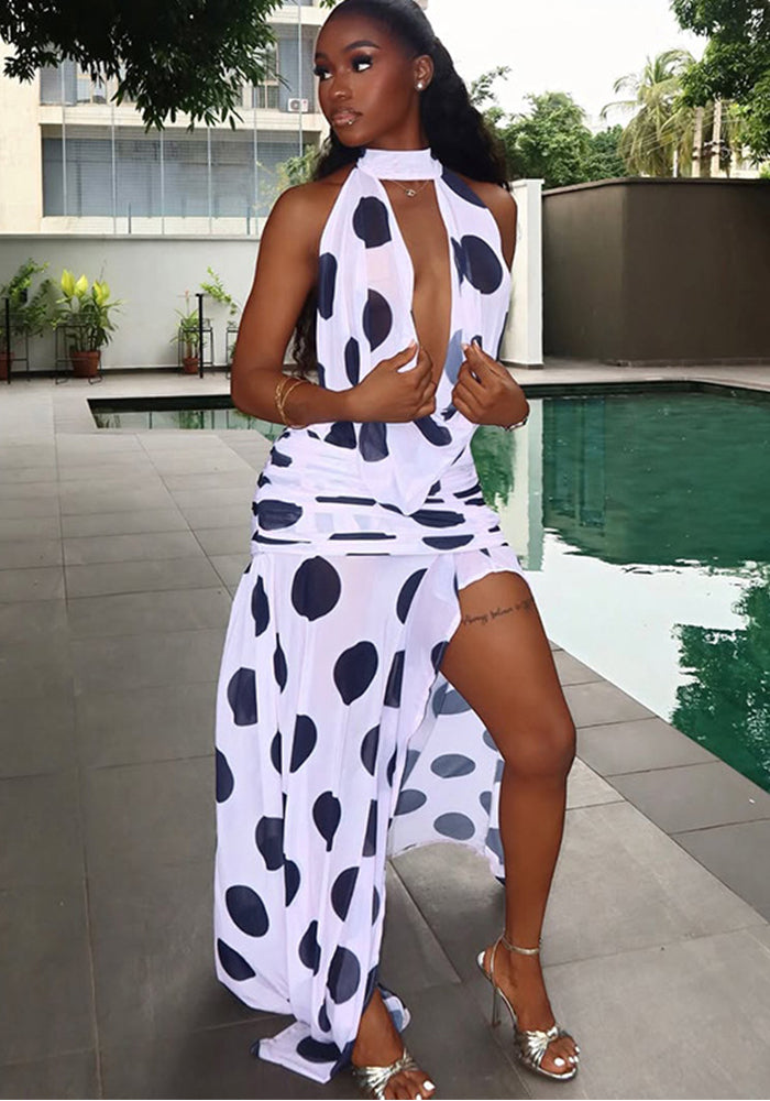 Black White Polka Dot Women's Slit Print Irregular High Neck Tie Low Back Dress