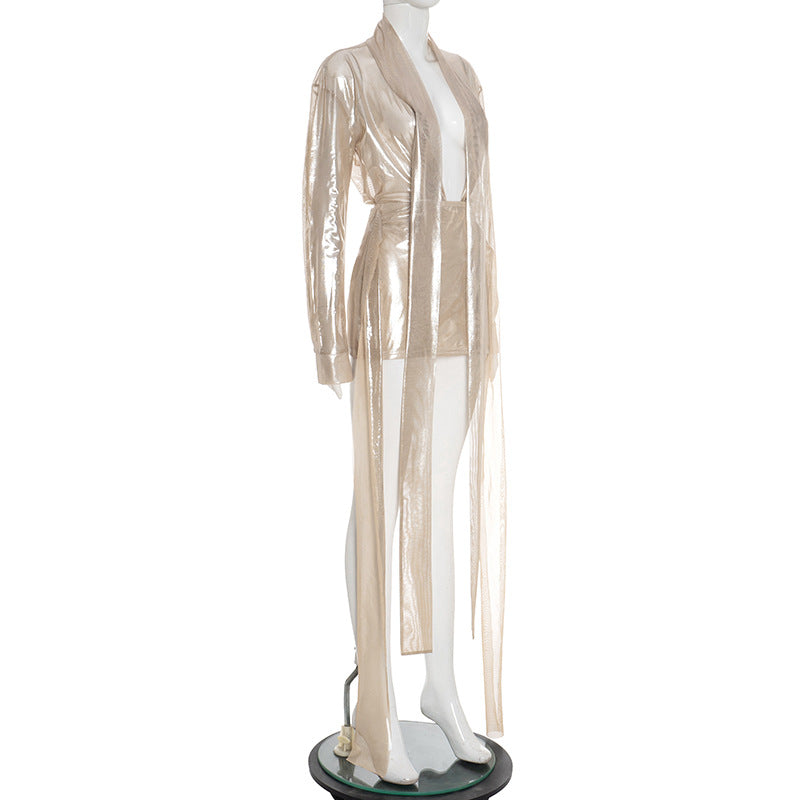 Women's Sexy Sheer Lace-Up Long Sleeve Top & Tight Fitting Bodycon Mini Skirt Two-Piece Set 9