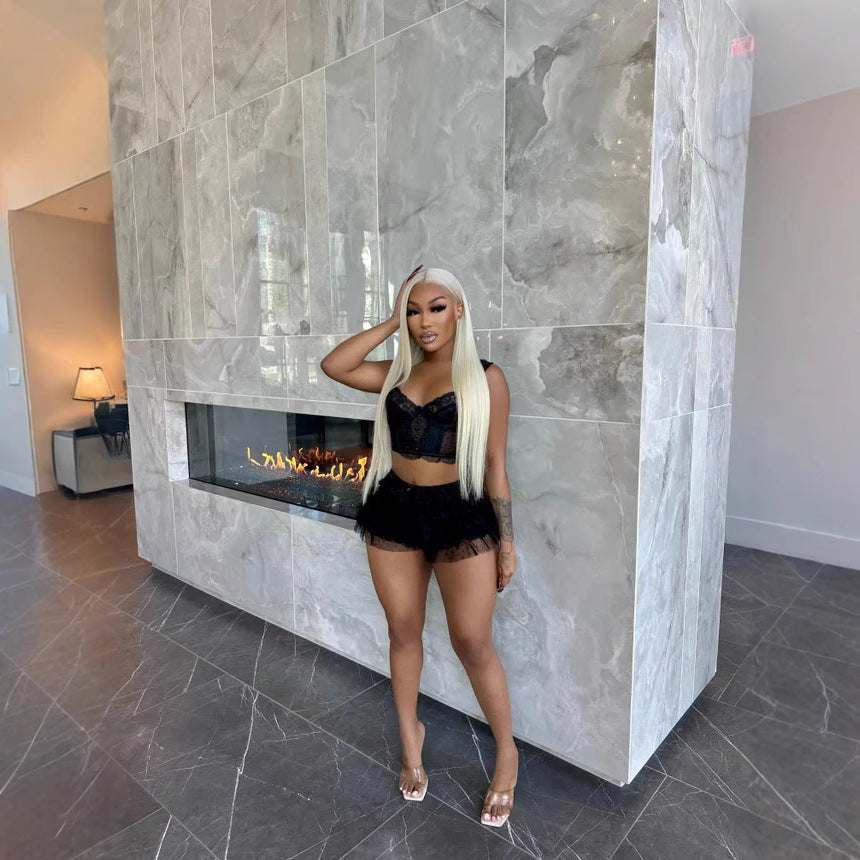 Plus Size Women Summer Sexy Lace Hollow Top and Skir Two-Piece Set 5