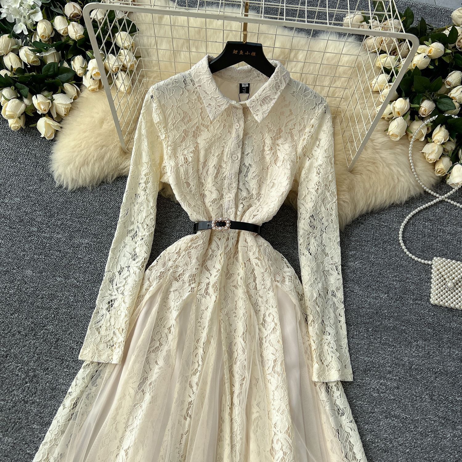 Elegant Women's Lace Patchwork Mesh Irregular Midi Dress 9