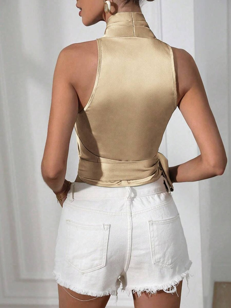 Women satin spring and summer Halter neck Sexy Lace-up Sleeveless Top 33