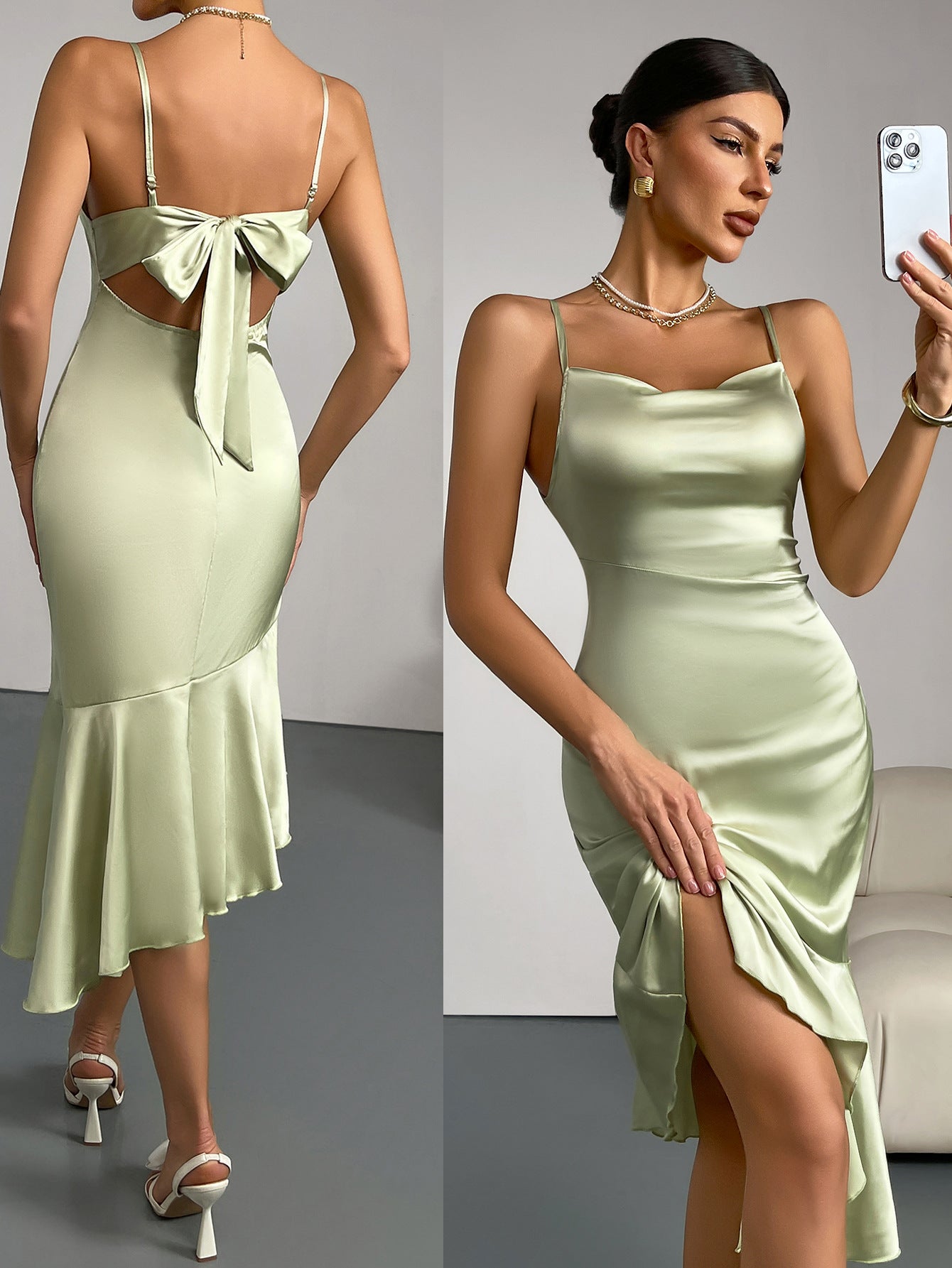 Ruffled Satin Dress for Women Luxury Birthday Fishtail Dress 3