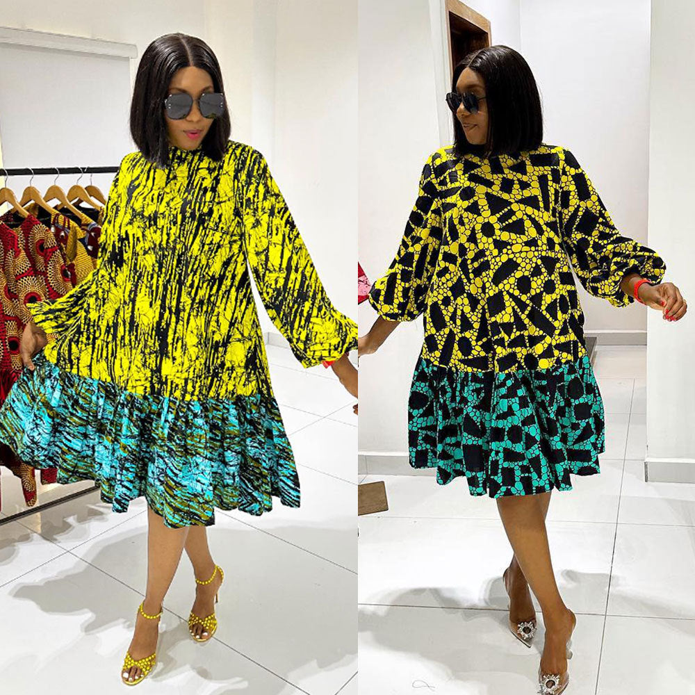 Women Printed Lace-Up Balloon Sleeves Loose Large Hem Round Neck Dress 3