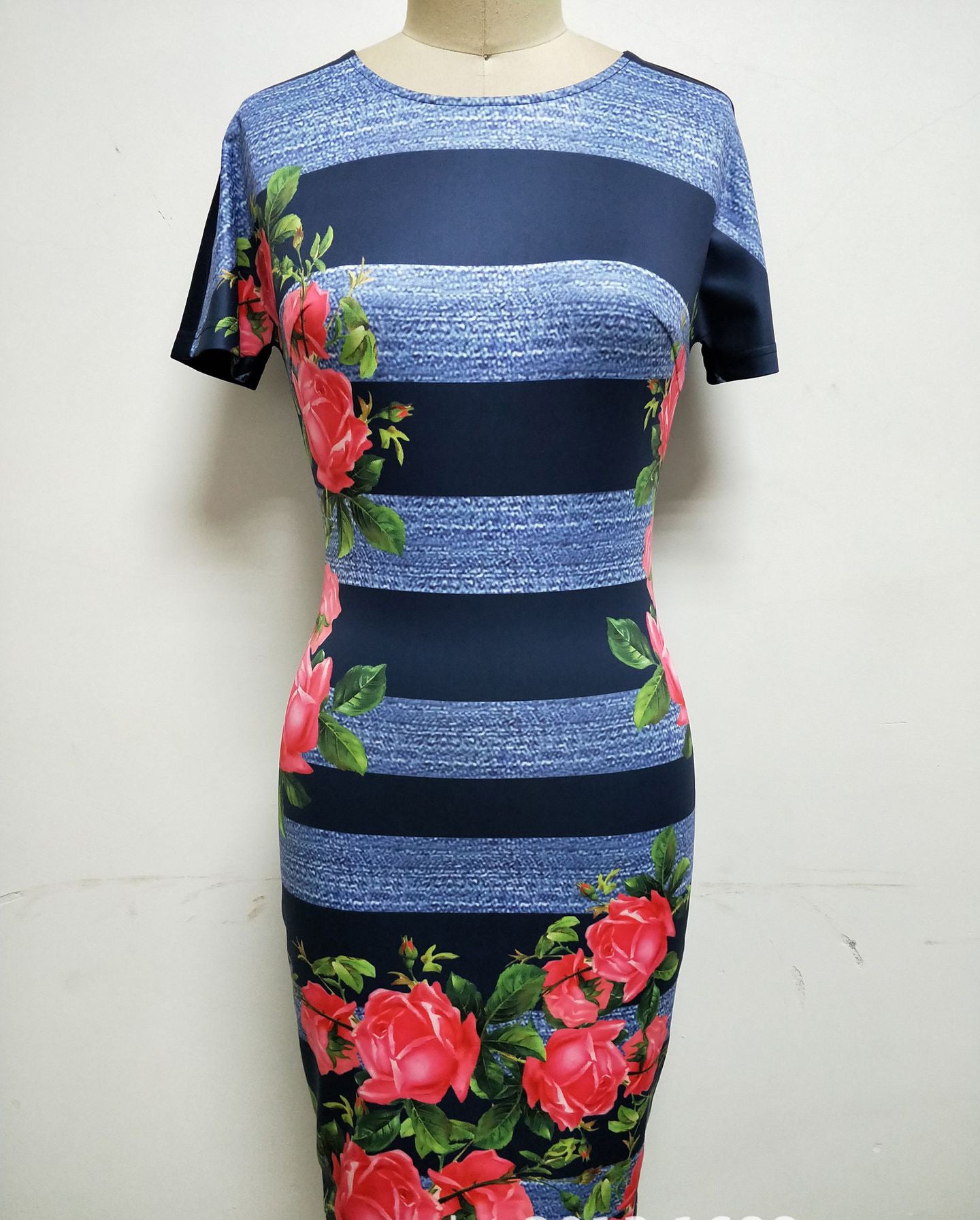 Short-Sleeve Round Neck Striped Color-Block Printed Sexy Bodycon Mini Dress 3