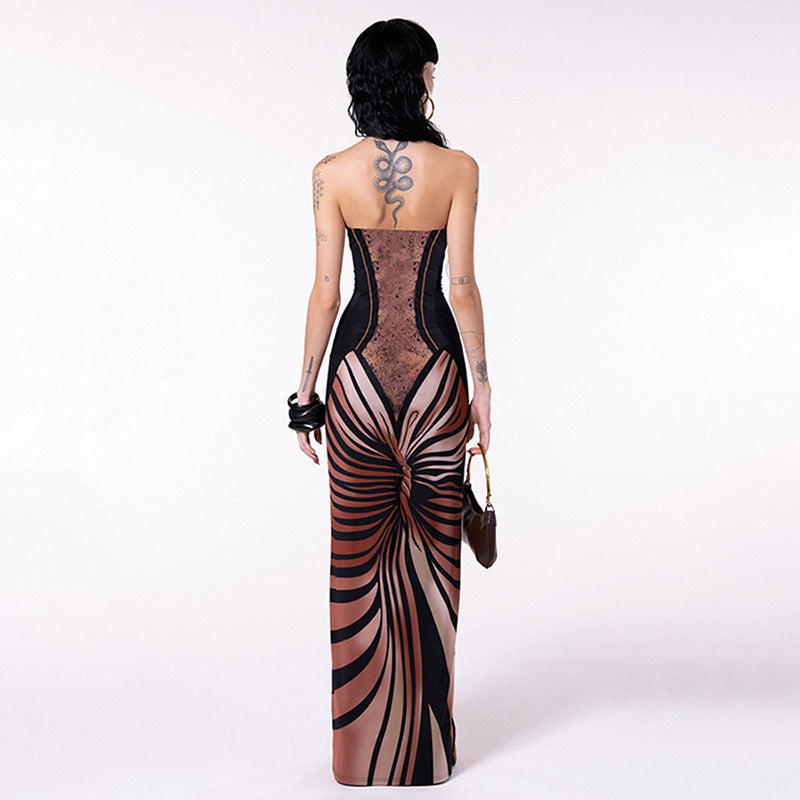 Women sexy Strapless Backless Print Maxi Dress 7