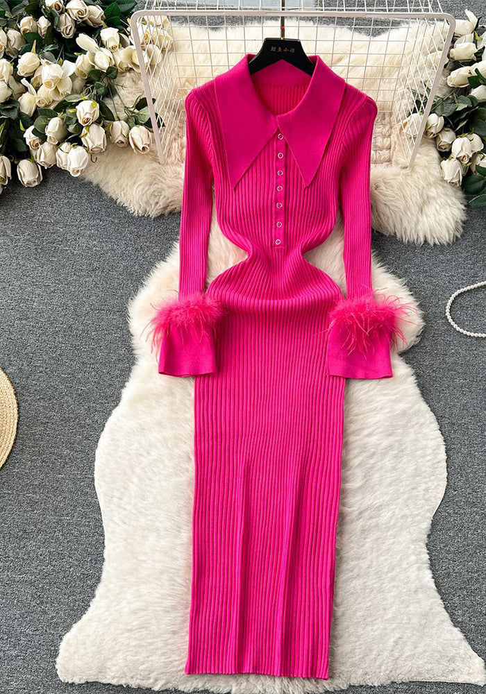 Luxury Knitting Dress Autumn And Winter Turndown Collar Feather Tight Fitting Dress