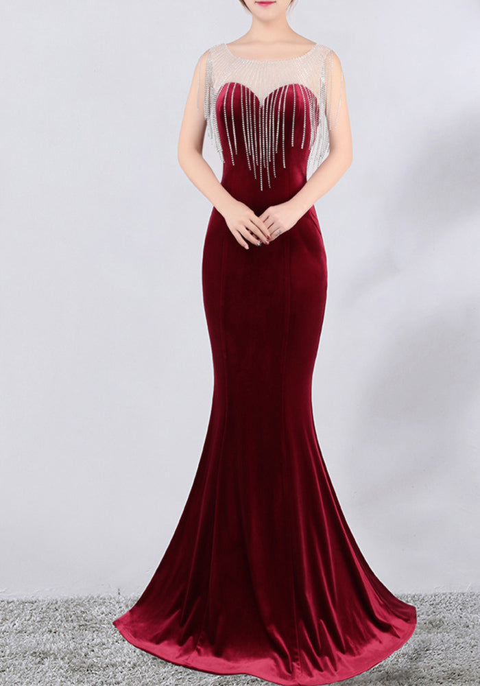 diamond chain velvet evening dress Formal Party long slim and elegant mermaid Prom Dress
