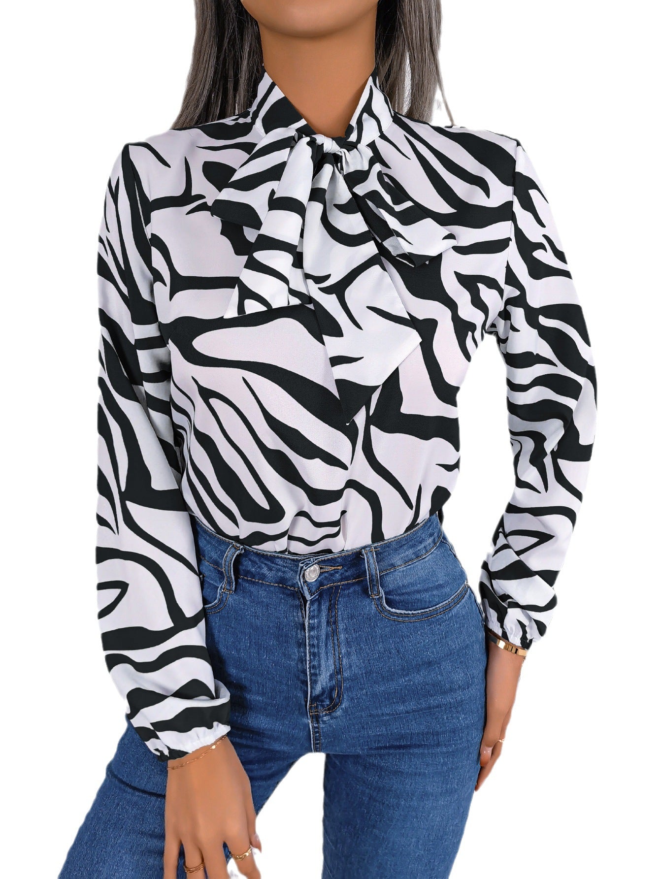 Autumn And Winter Chic Color Contrast Striped Tie Lantern Sleeve Chiffon Shirt Women's Clothing 8