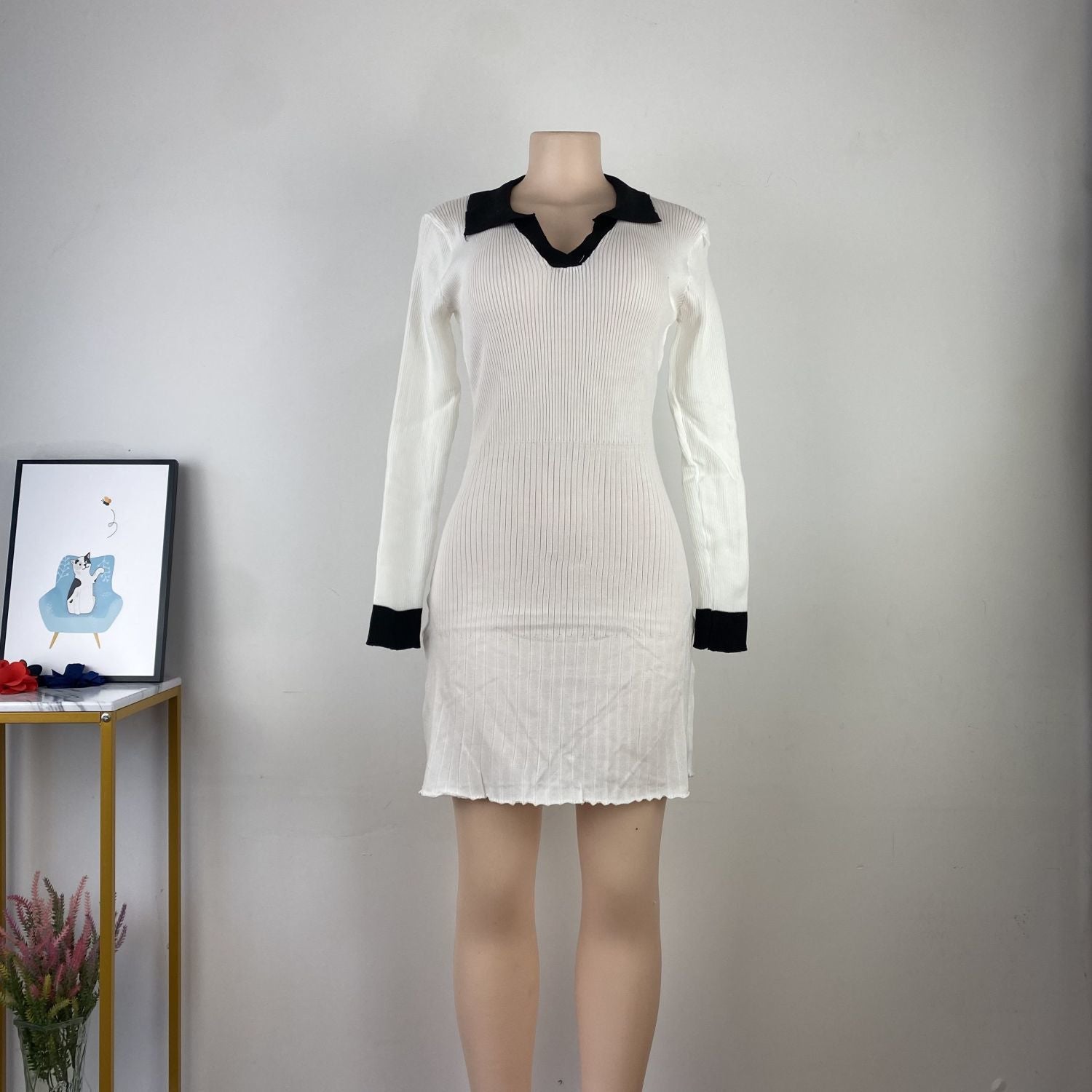 Autumn Casual Chic V-Neck Color Block Slim Fit Stretchy Knit Bodycon Dress