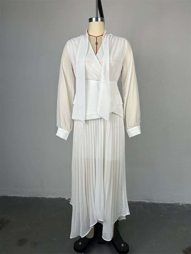 Women lace-up irregular pleated dress girdle two-piece set 8