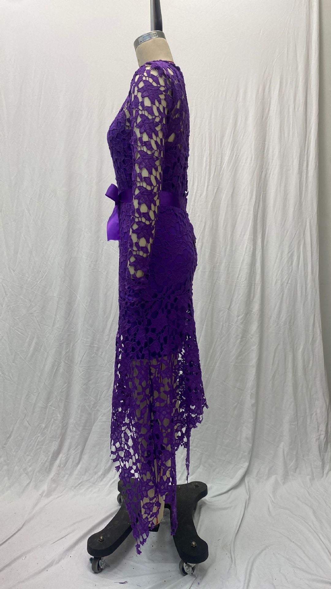 Women Lace Hollow Long Sleeve Stand Collar Lace Irregular Dress 19