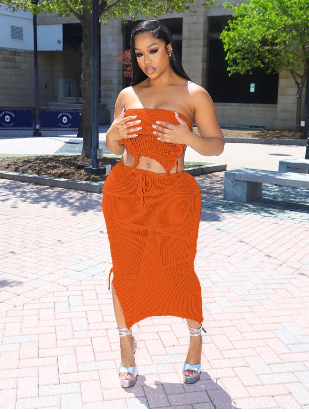 Women Sexy Wrap Backless Backless Crop Top and Skirt Two-Piece Set 7