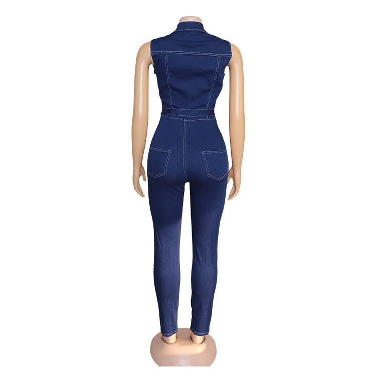 African Women Sexy Sleeveless Lace-up Stretch Casual Denim Jumpsuit 6
