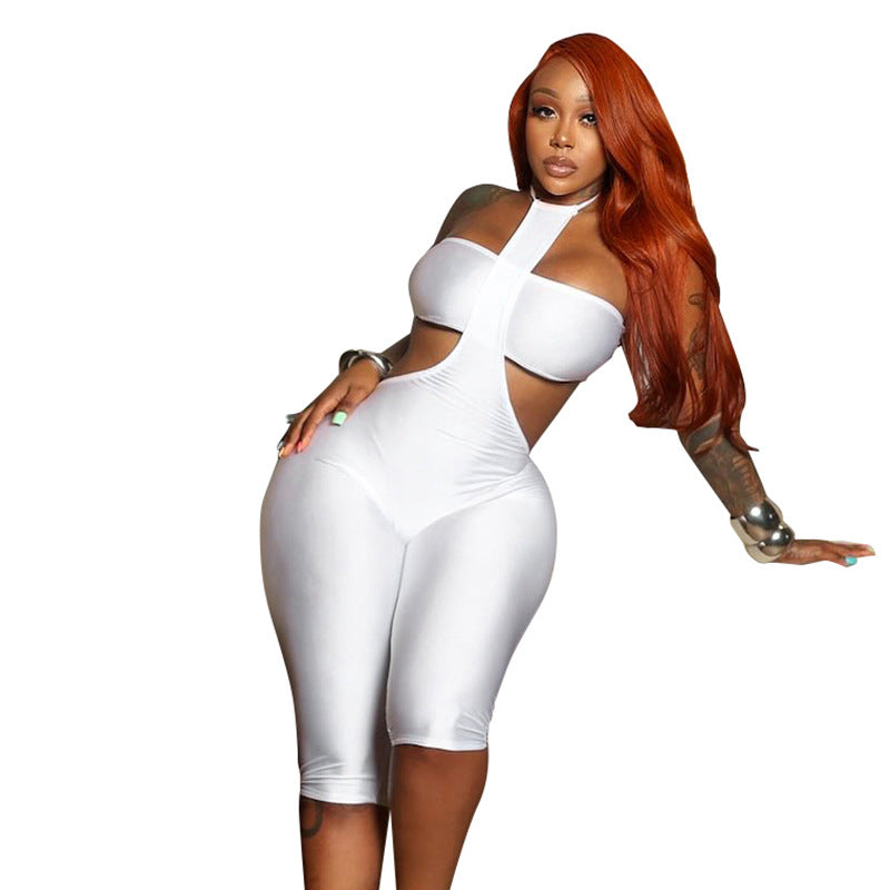 Women's Sexy Solid Color StraplessTop  Halter Low Back Tight Fitting Jumpsuit Two-Piece Set 19