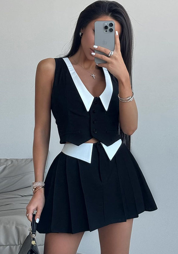 Women Summer Peter Pan Collar Sleeveless Top Skirt Casual Two-piece Set