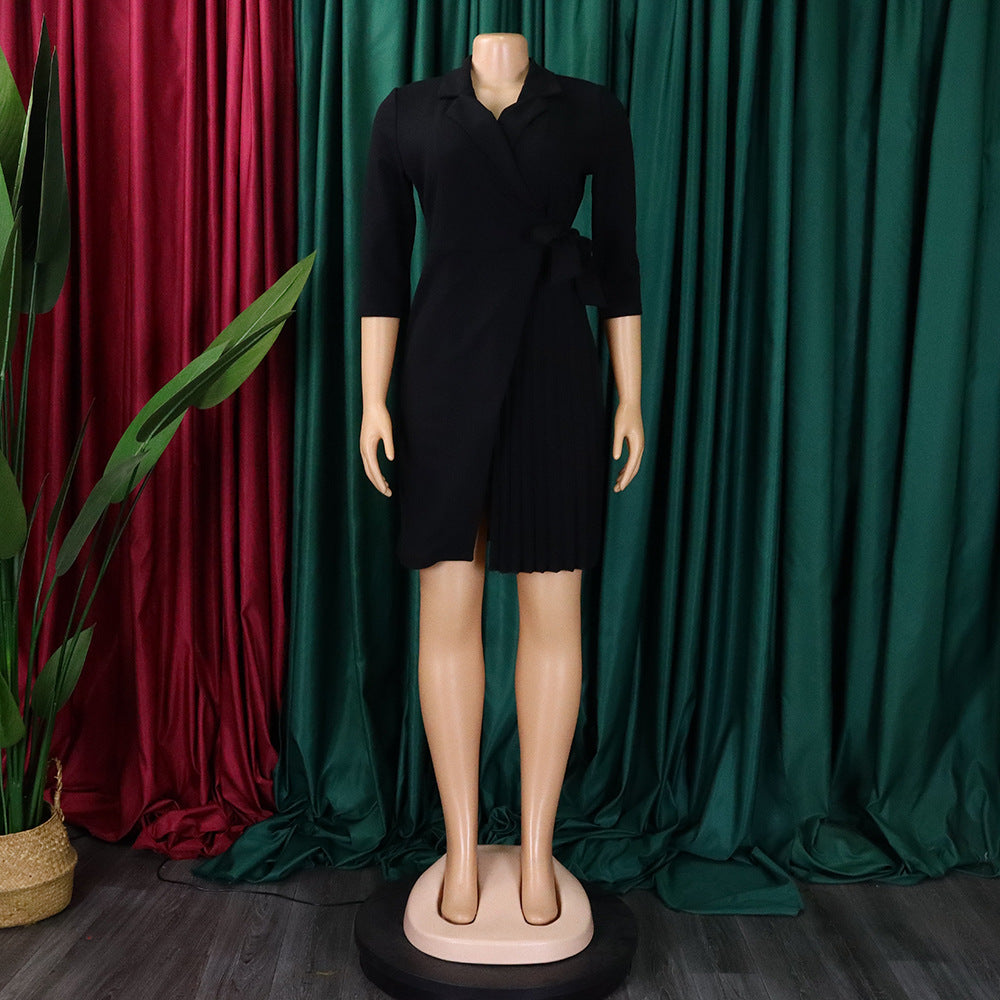 Plus Size Women's Fashion Turndown Collar Fashion Lace-Up Slim Waist Pleated African Dress 26