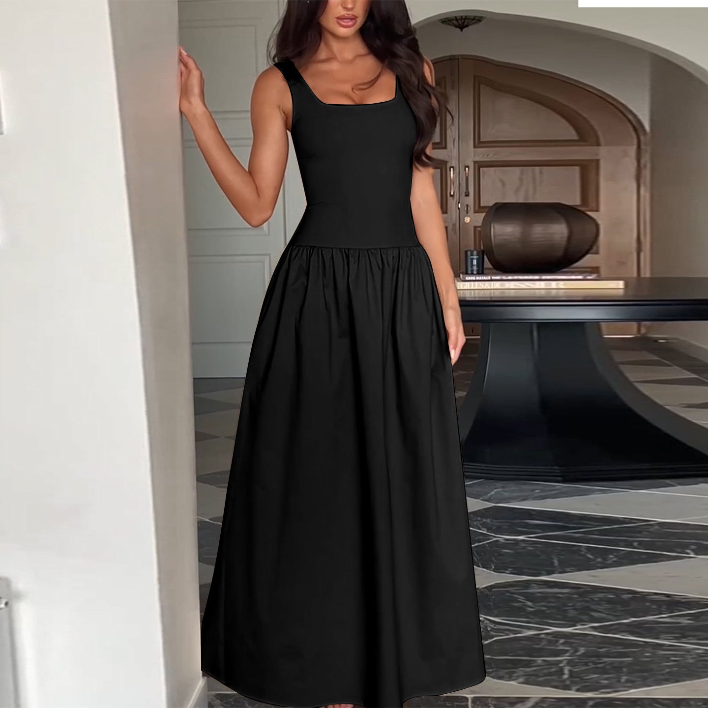 Square Neck Sleeveless Dress Women's A-Line Long Dress