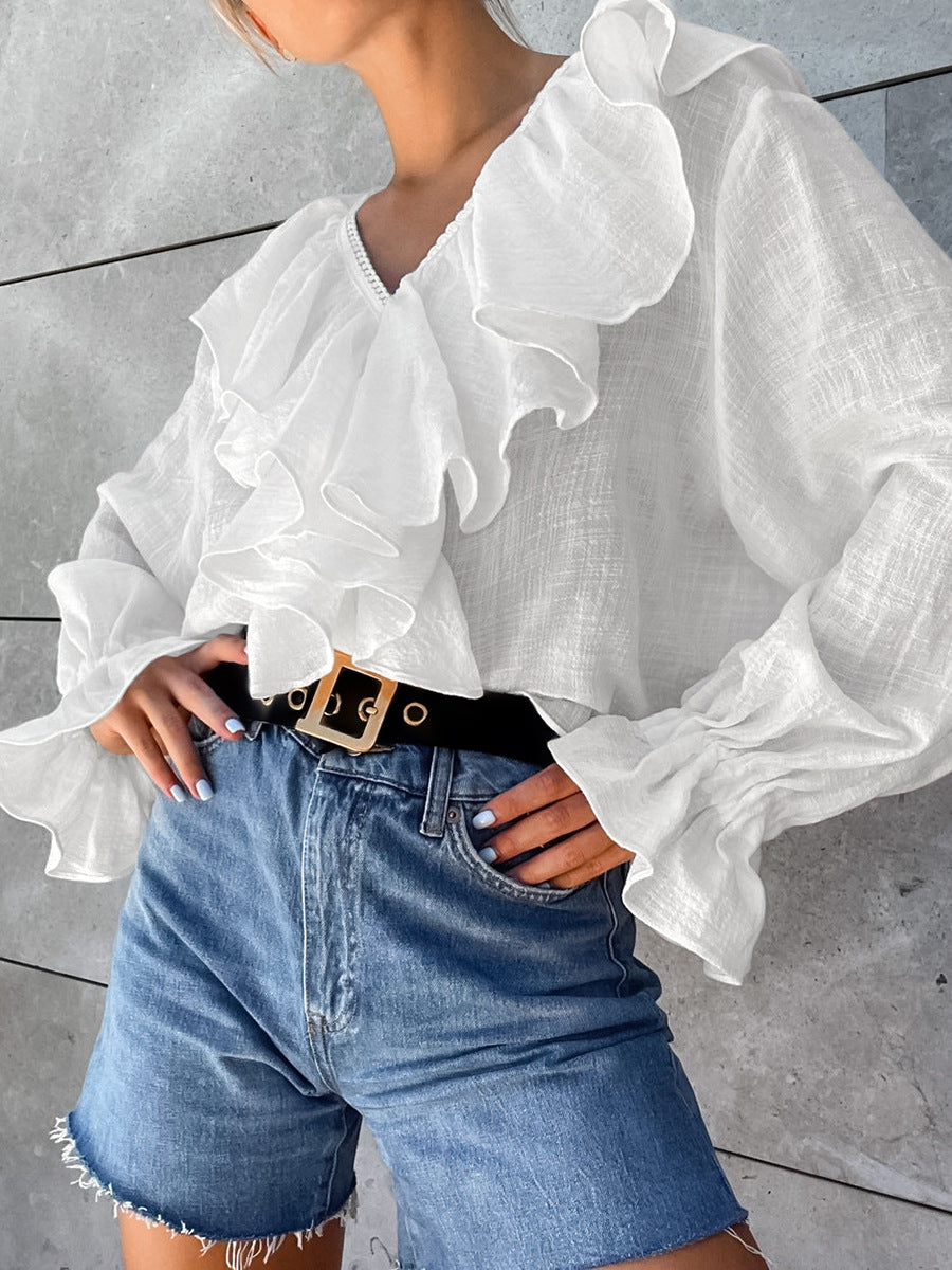 Women Lace Sexy V-Neck Retro Ruffle Shirt 4