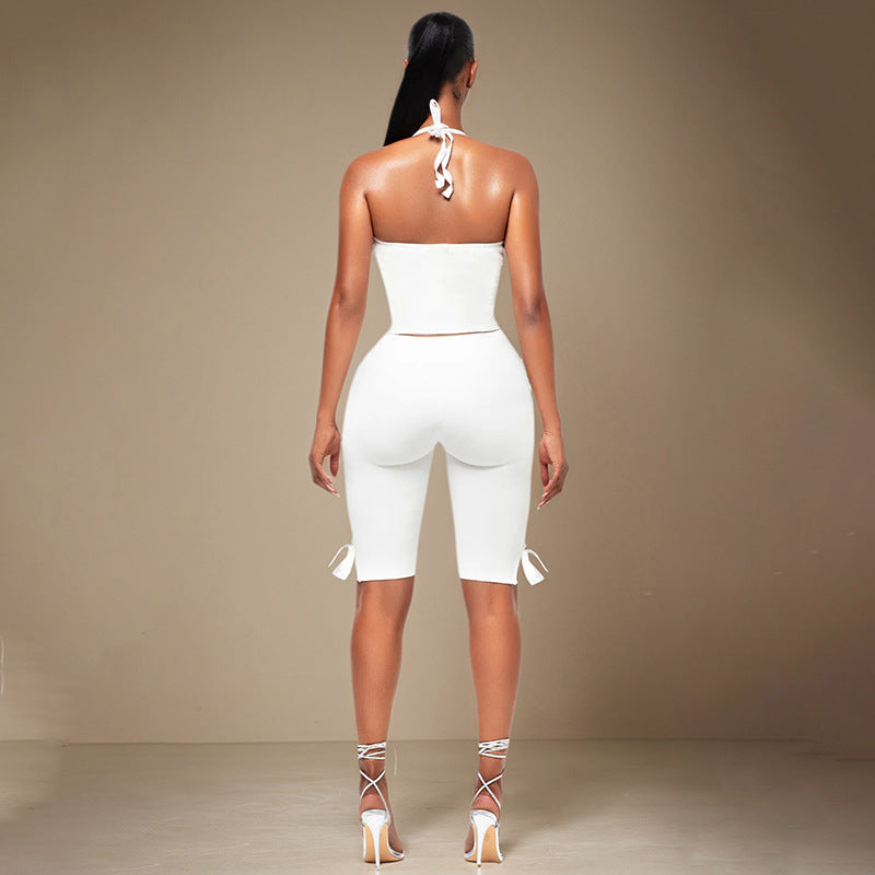 Women spring/summer Halter Neck drawstring strapless backless top and bow pants solid two-piece set 7