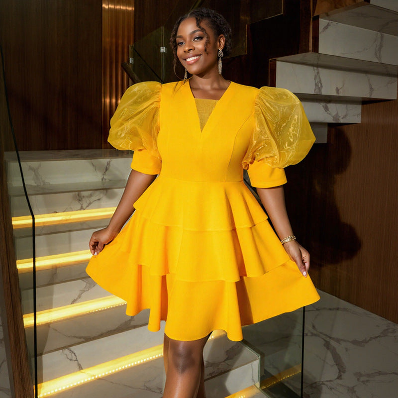 Women puff sleeve cascading ruffles dress 3