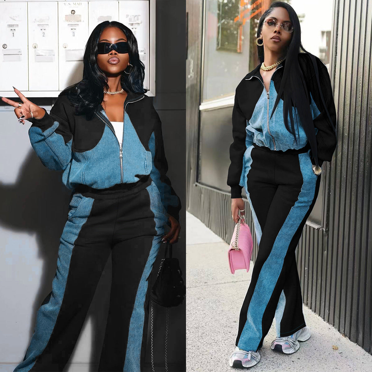 Women Fall/Winter Denim Patchwork Jacket Trousers Two Piece Set