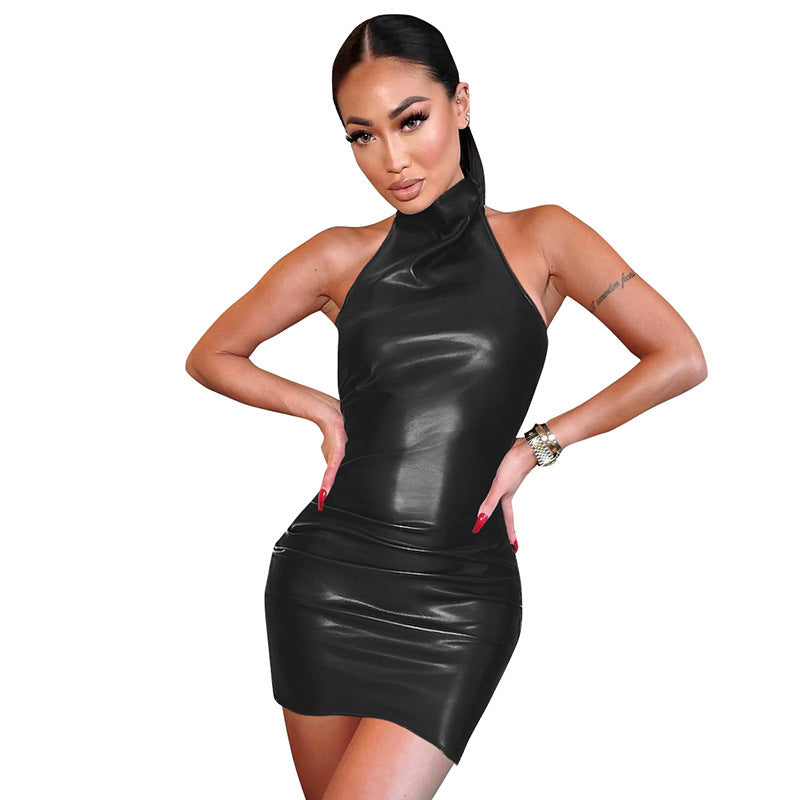 Women's Spring Summer Pu Leather Low Back Halter Neck Mini Dress 8