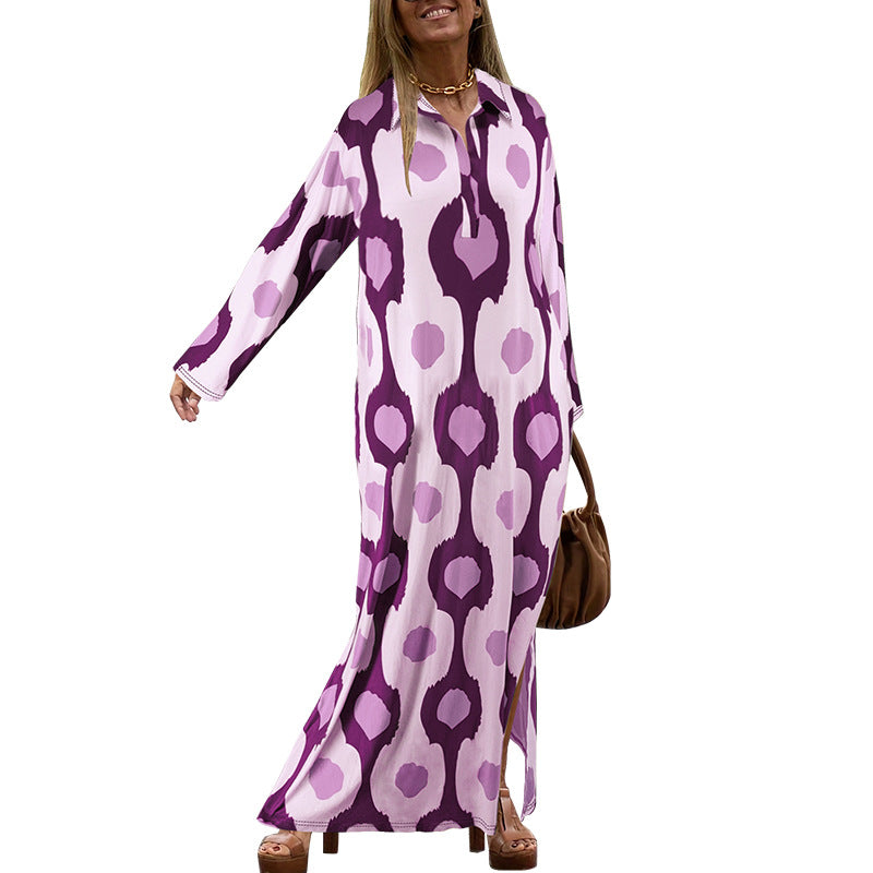 Plus Size Women Turndown Collar Long Sleeve Slit Loose Dress 11