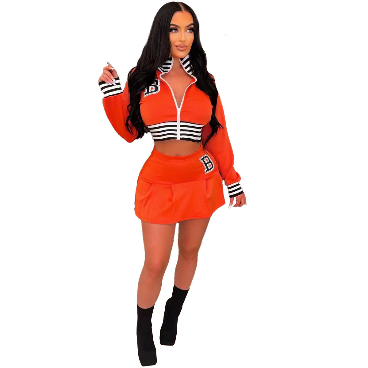 Women Casual Long Sleeve Letter Print Baseball Jacket and Mini Skirt Two-Piece 6