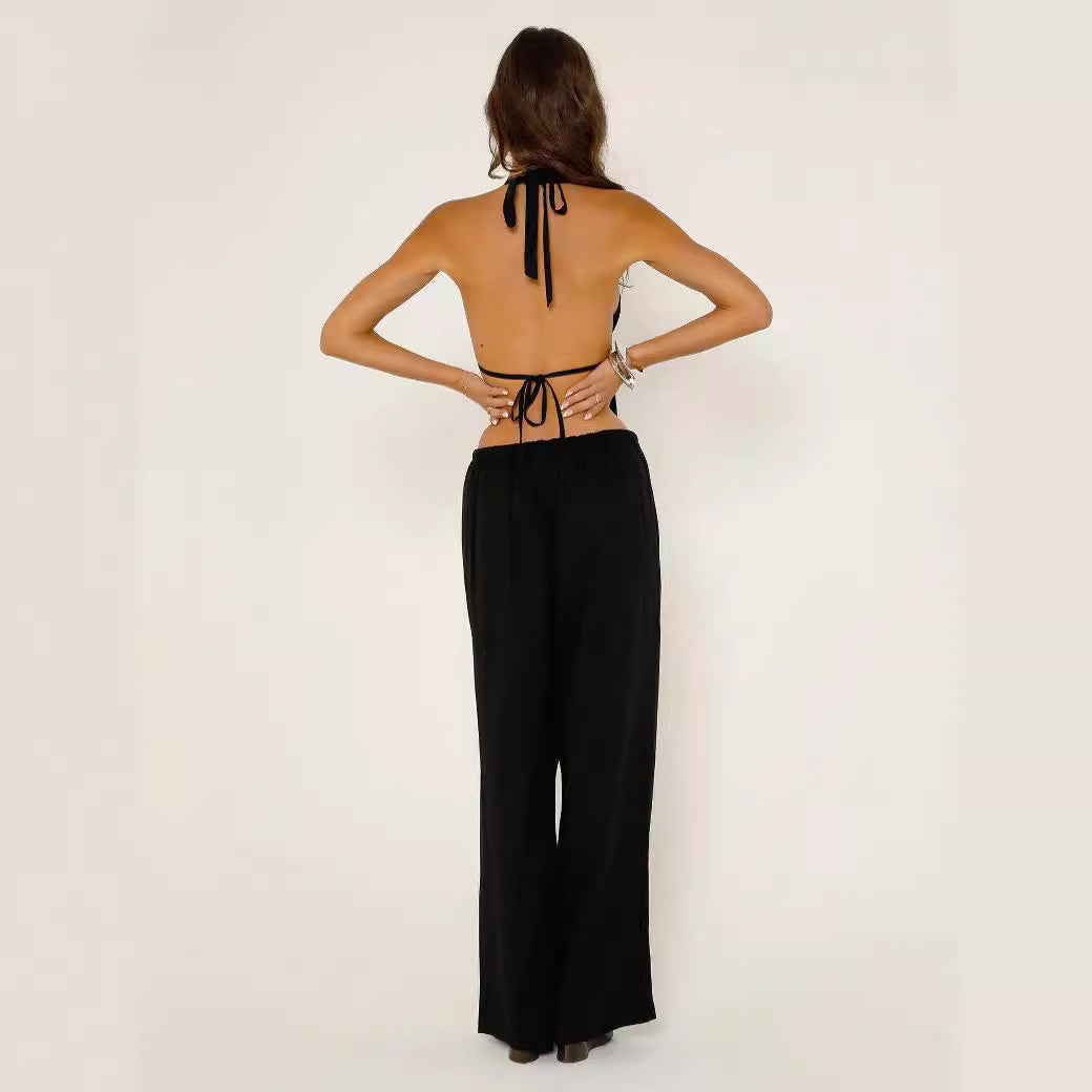 Spring Summer Women's Halter Neck Lace-Up Sexy Low Back Sleeveless Top Pants Set