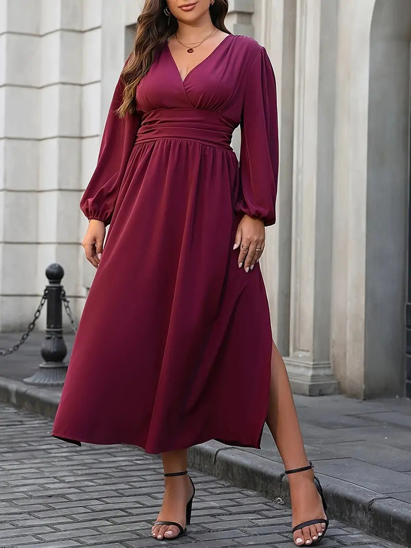 Plus Size Women Lantern Sleeve Slit Dress