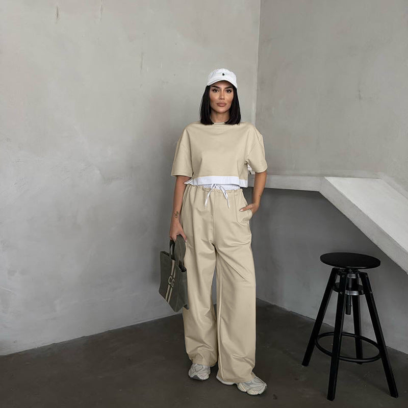 Women Summer Solid Round Neck Short Sleeve Top and Casual Wide Leg Pants Two-Piece Set 7