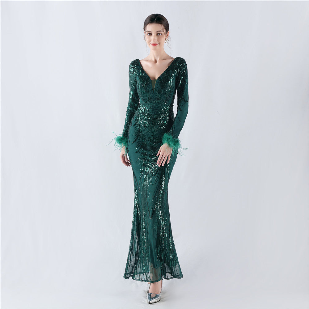 Women Positioning Flower Ostrich Feather Evening Dress 11