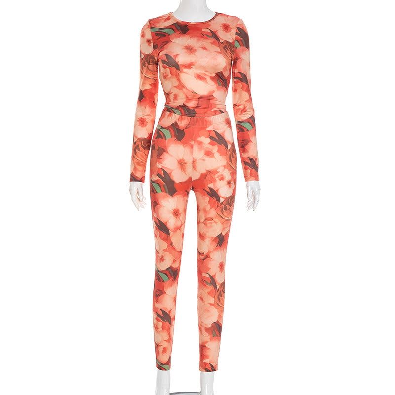 Women Fall/Winter Round Neck Floral Print Long-Sleeved Top and Pants Two-Piece Set 5
