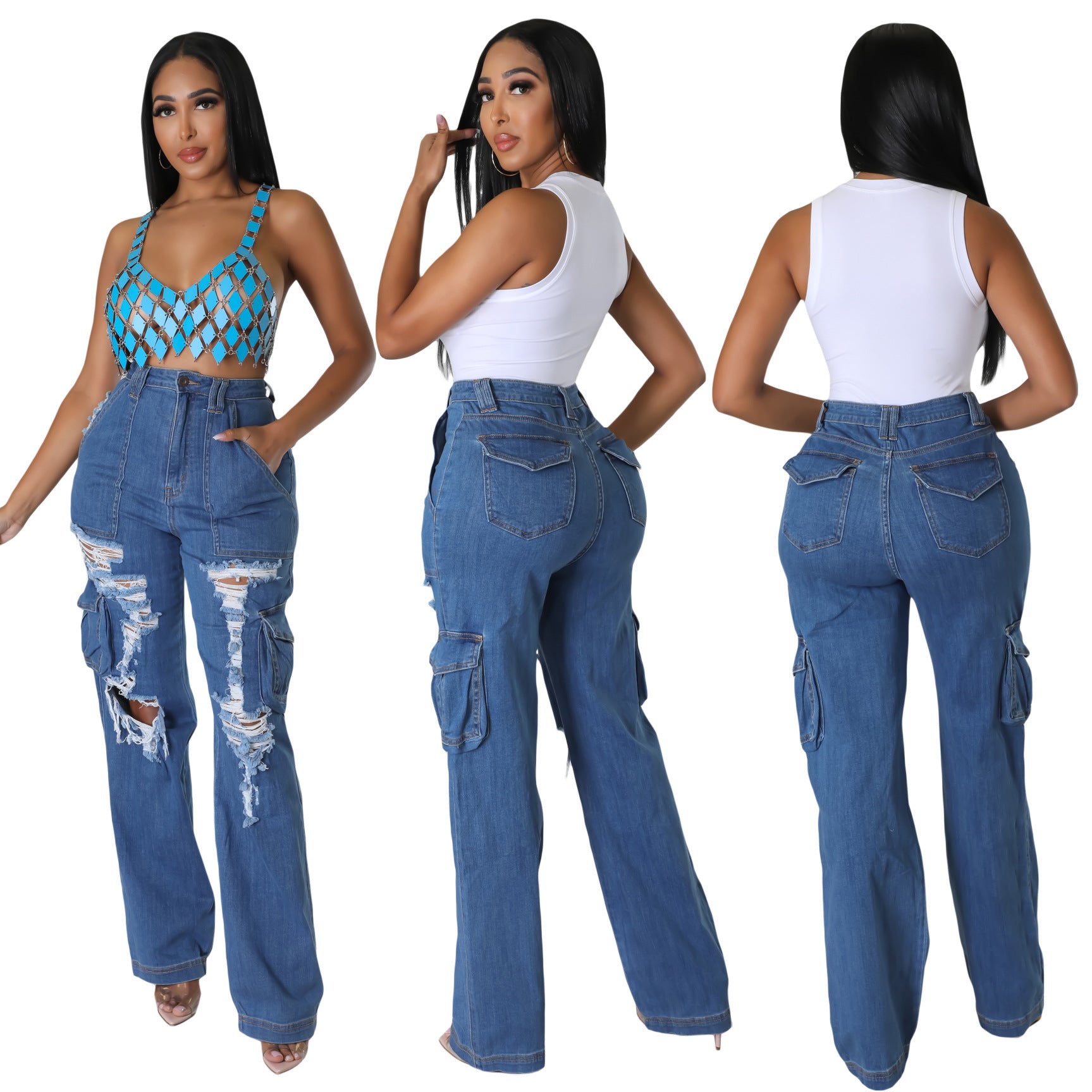 Women Summer Organ Bag Loose Ripped Denim Pant 7