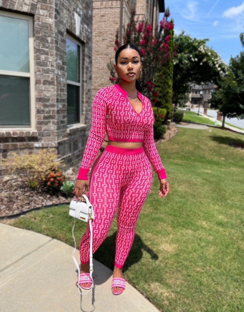 Autumn And Winter Women's Elastic Print Long-Sleeved Two-Piece Pants Set 8