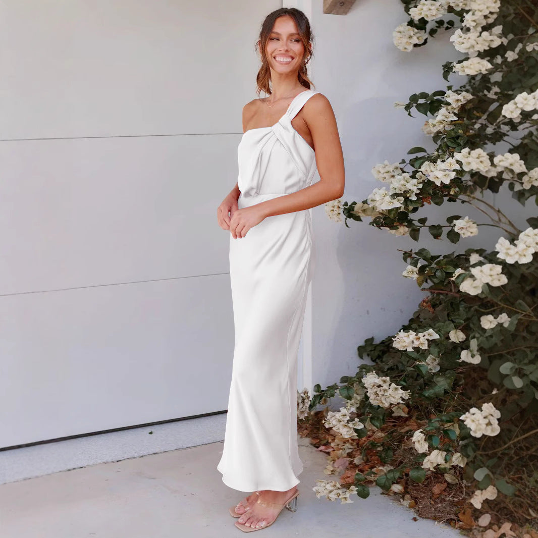 Women's sleeveless one-shoulder long dress satin Formal Party fishtail evening dress 8