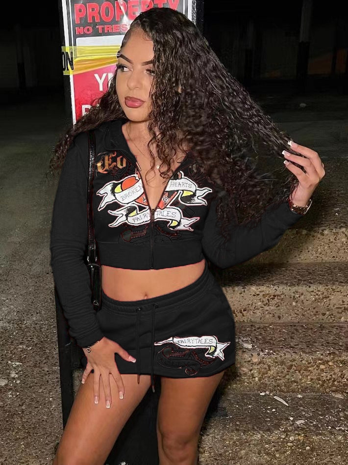 Spring Women's Fashion Positioning Print Hooded Casual Two Piece Skirt Set 7