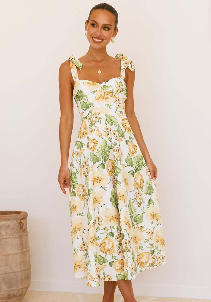 Women's Summer Floral Print Lace-Up Strap Holiday Dress