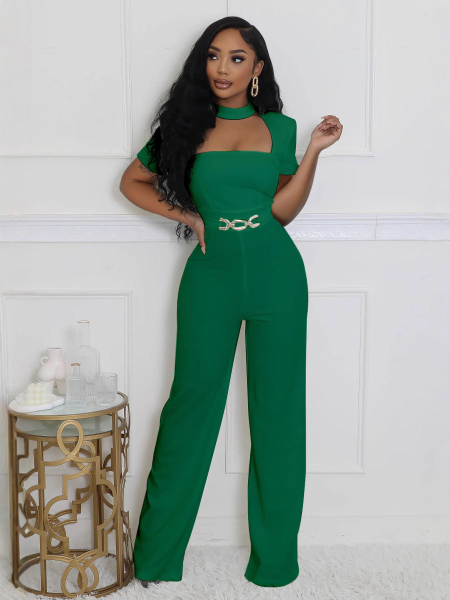 Women Elegant Scarf Short Sleeve Wide Leg Jumpsuit 6