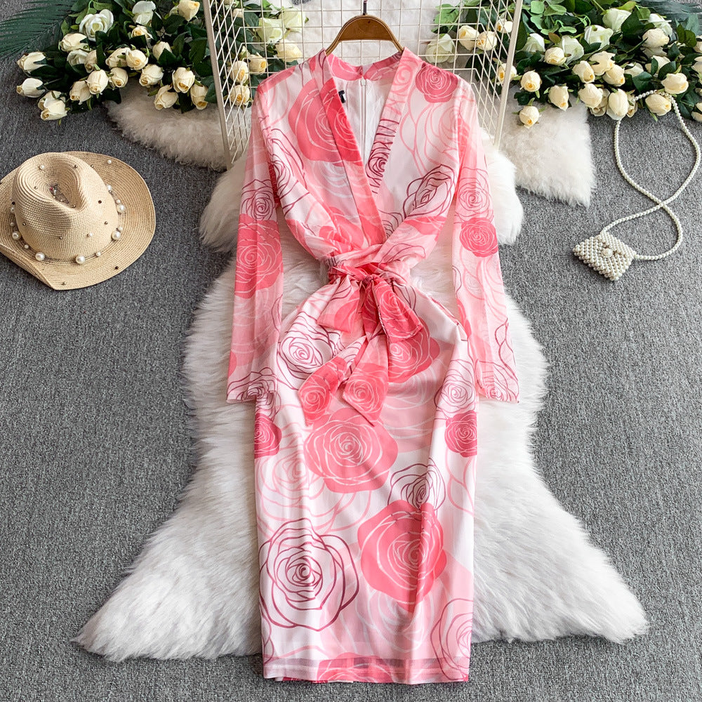 Women French Style Long-Sleeved V-Neck Lace-Up Maxi Print Bodycon Dress 11