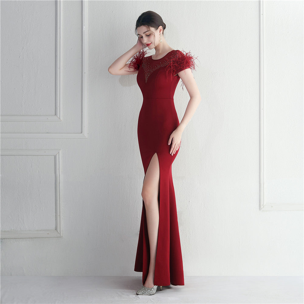 Mesh Beaded + Embellished Feather Star Red Carpet Long Evening Gown 9