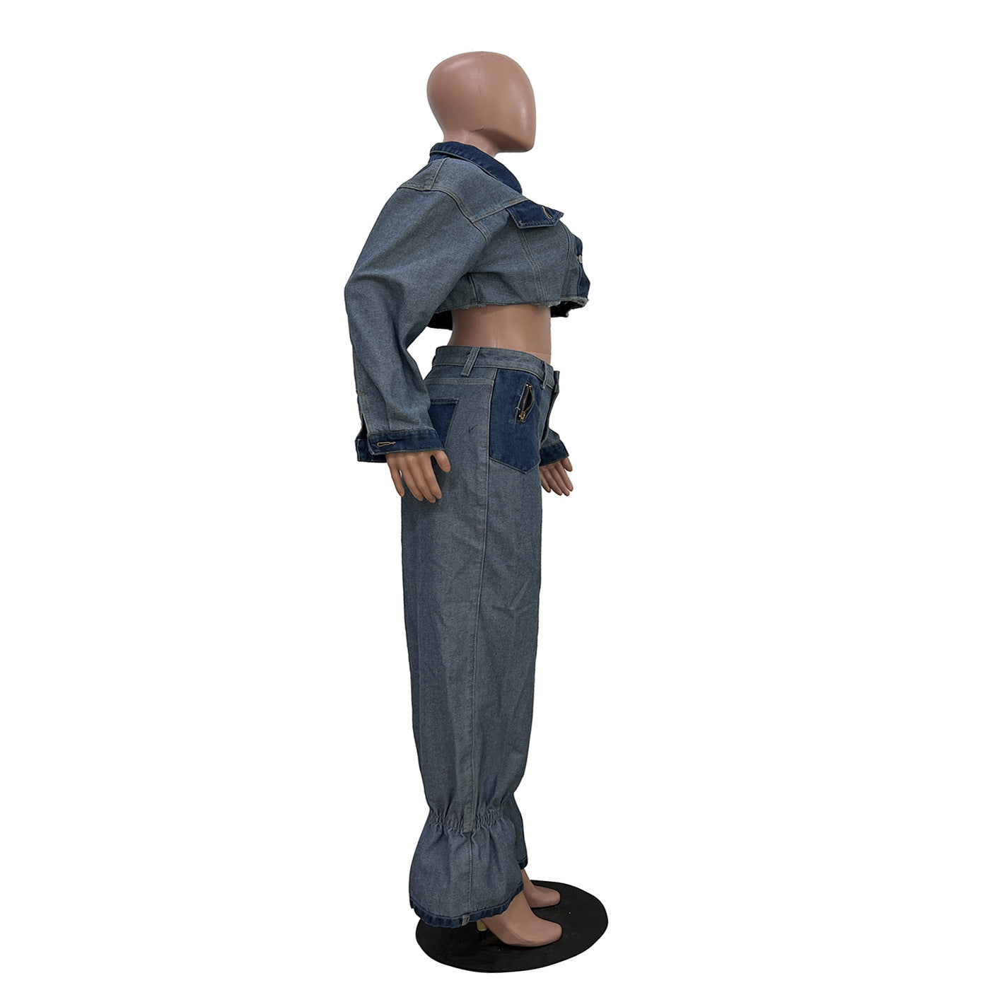 Women Fashion color matching Denim Top and Pant two-piece set 5