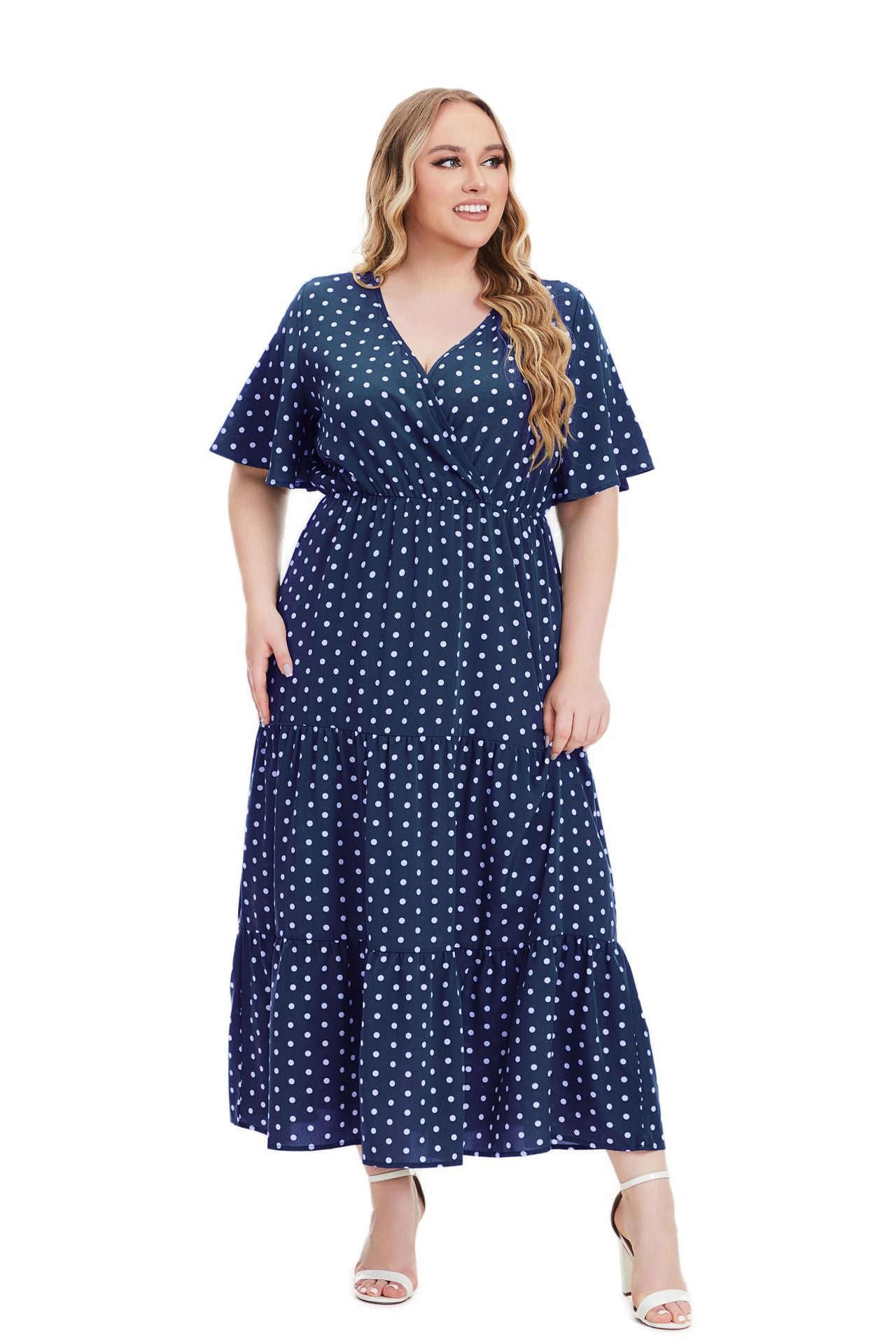 Plus Size Women Summer V Neck Polka Dot Short Sleeve Dress 10