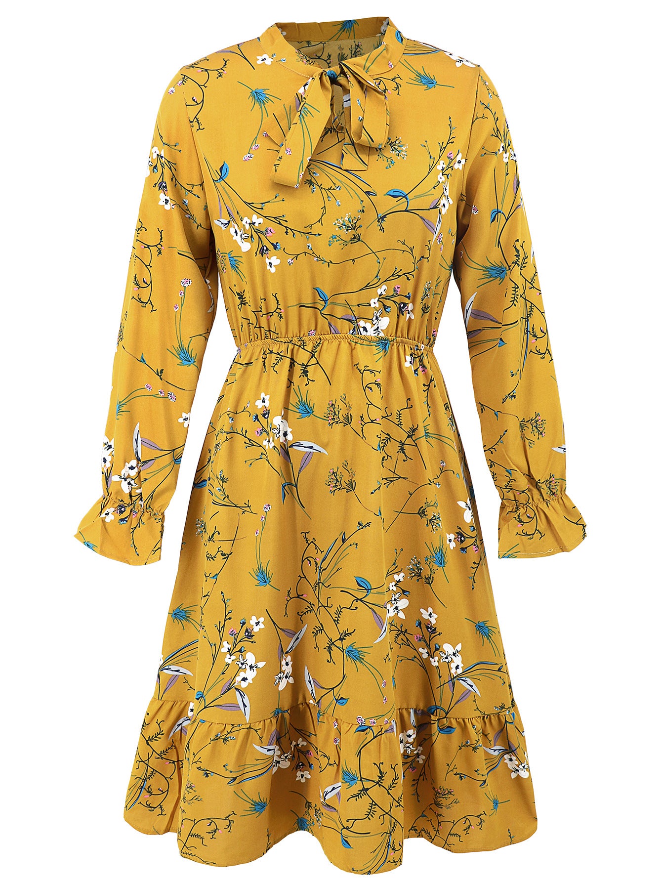 Spring Women's Slim Waist Bell Bottom Long Sleeve Ruffle Floral Dress 26