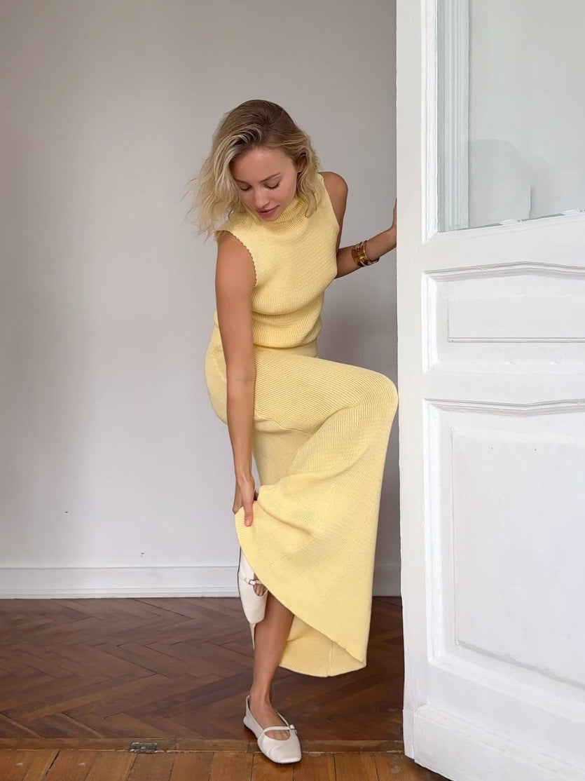 Women's Elegant Sleeveless High-Collar Knitting Vest & Bodycon Long Skirt Two Piece Set 7