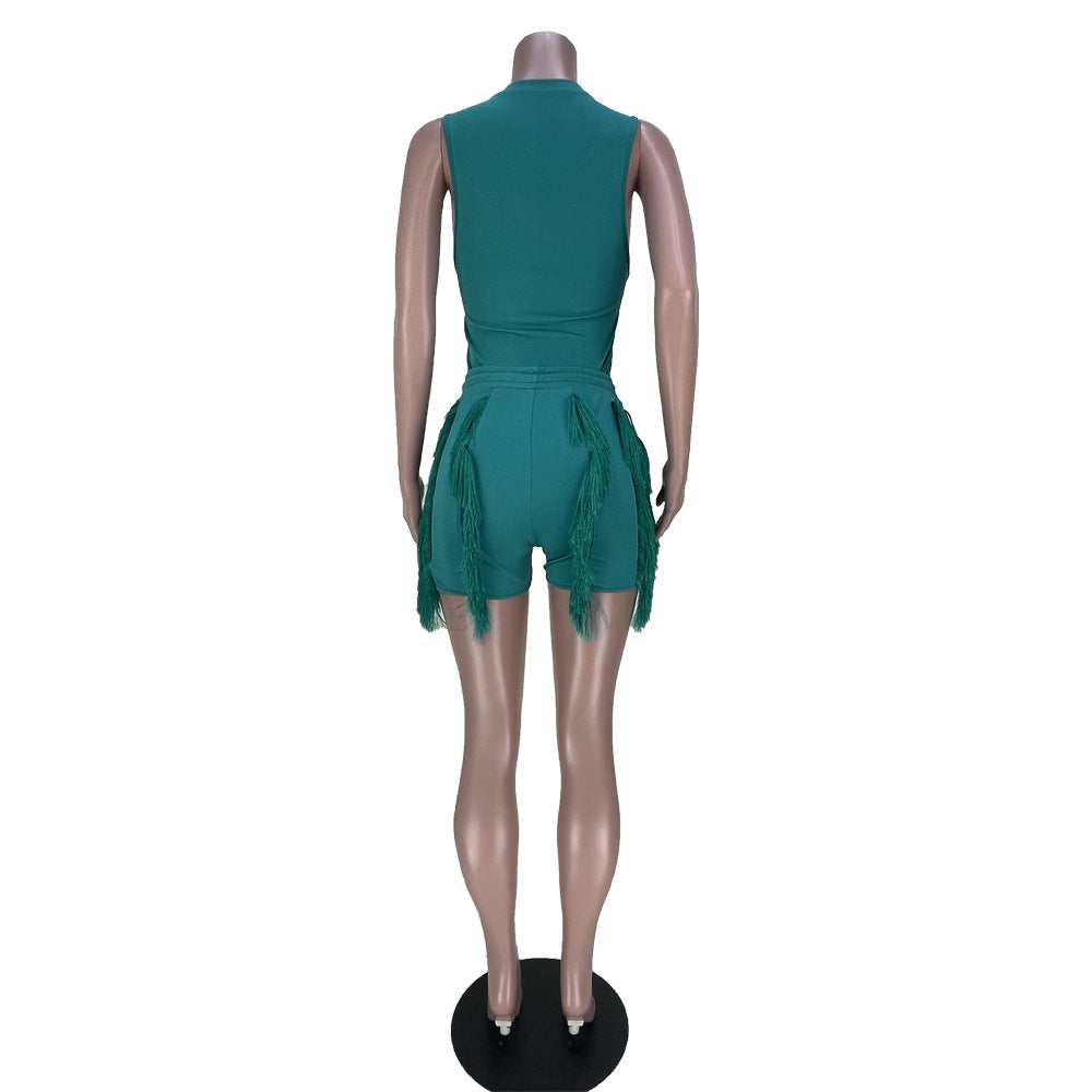 Women'S Sleeveless Tank Top Drawstring Fringe Casual Solid Shorts Two Piece Set 23