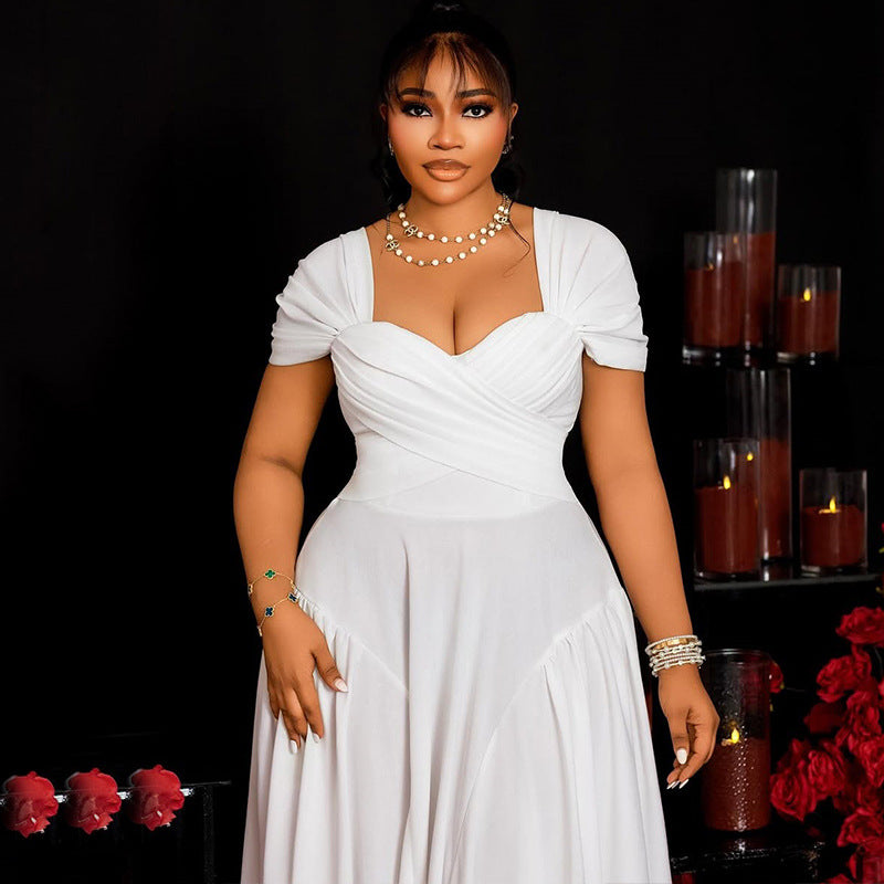 Elegant women's solid color pleated A-line V-neck short-sleeved low back long dress formal party dress 5