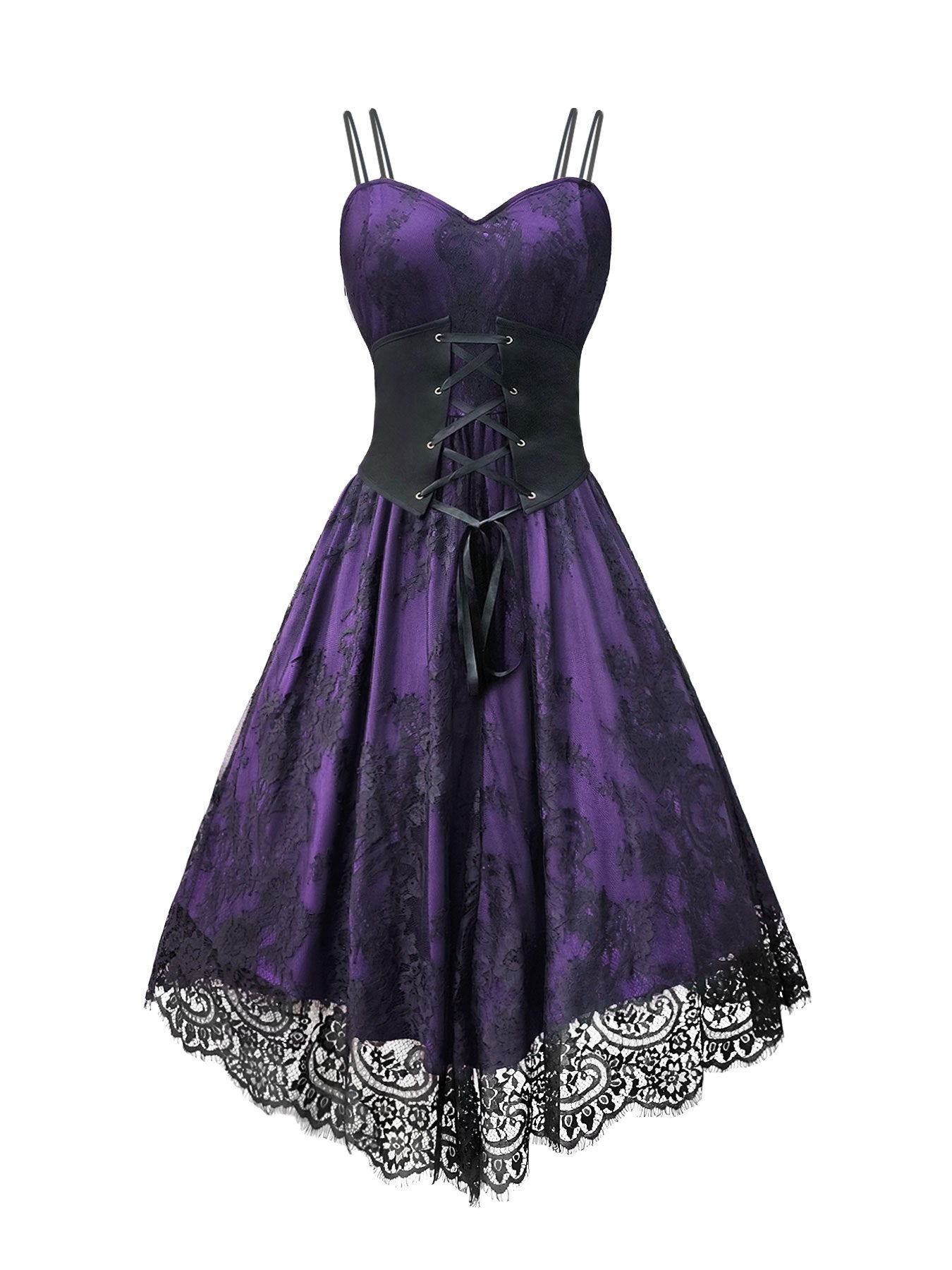 Women's Purple Strap Lace-Up Gothic Lace A-Line Dress