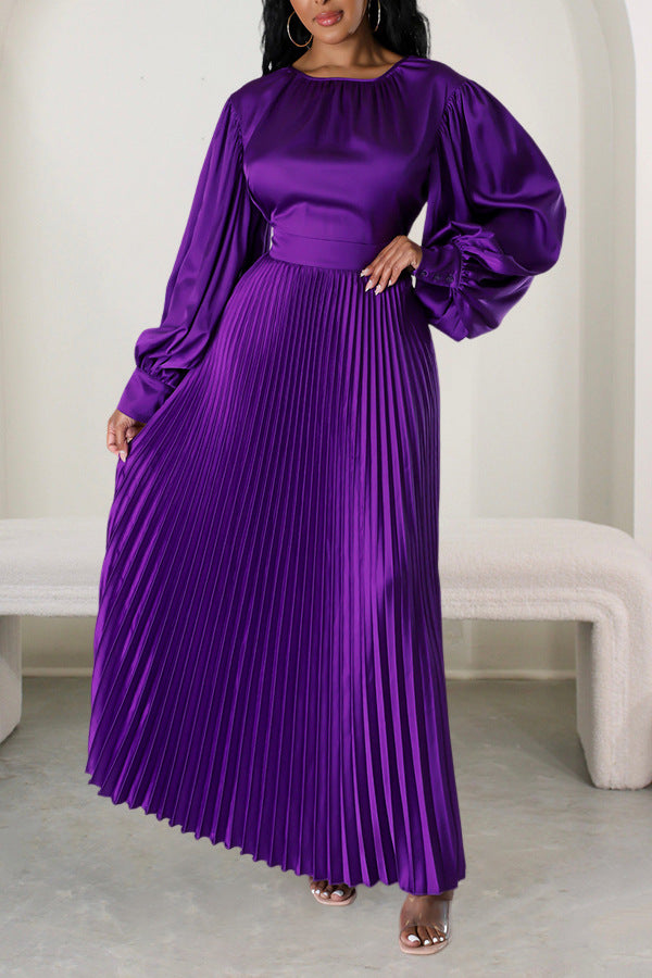 Women waisted loose long sleeve pleated dress 6